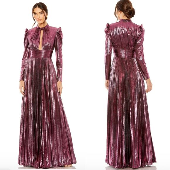 NWT Mac Duggal 30758 Rose Metallic Keyhole Long Sleeve Pleated Maxi Dress Sz XS - Picture 1 of 15